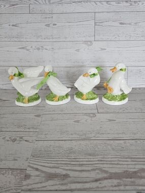White Ceramic Duck Figurines with Green Accents - Set of 4 Vintage